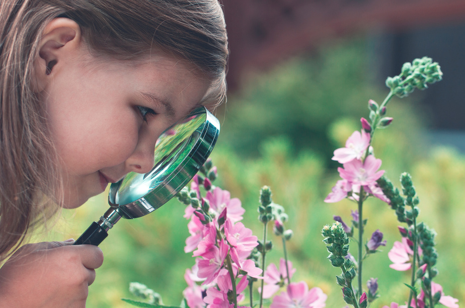 Curious Girl Exploring Flowers with Magnifying Glass